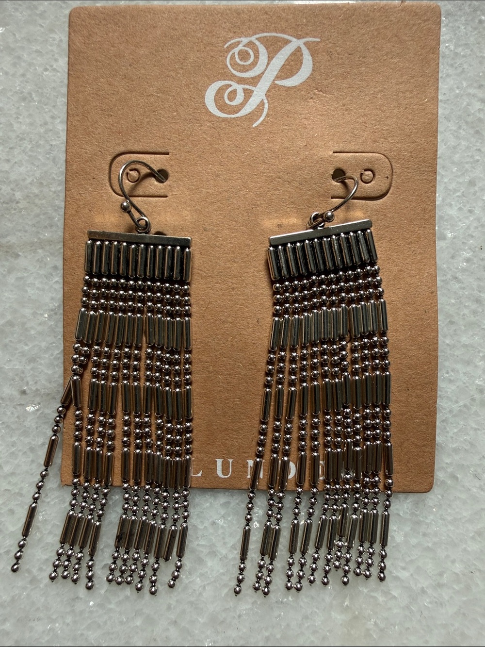 Plunder Dot Dash Beaded Fringe Drop Earrings Silver Tone Jewelry New